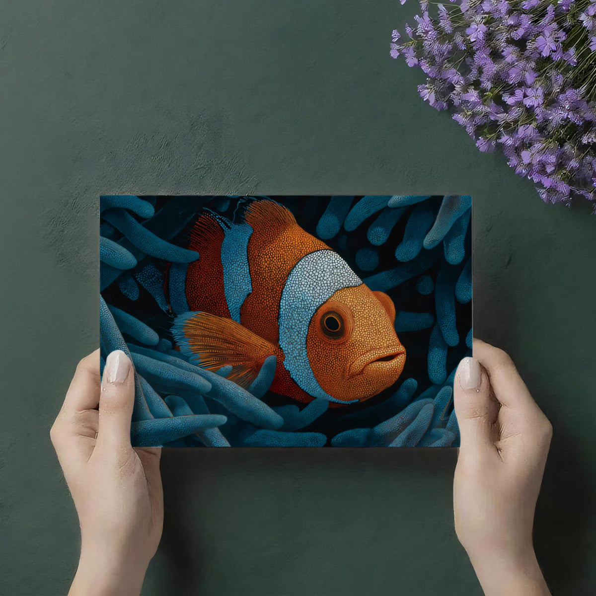 Clownfish Pointillist Mural Wallpaper — Vibrant Aquatic Art Mural Wallpaper - room preview 03
