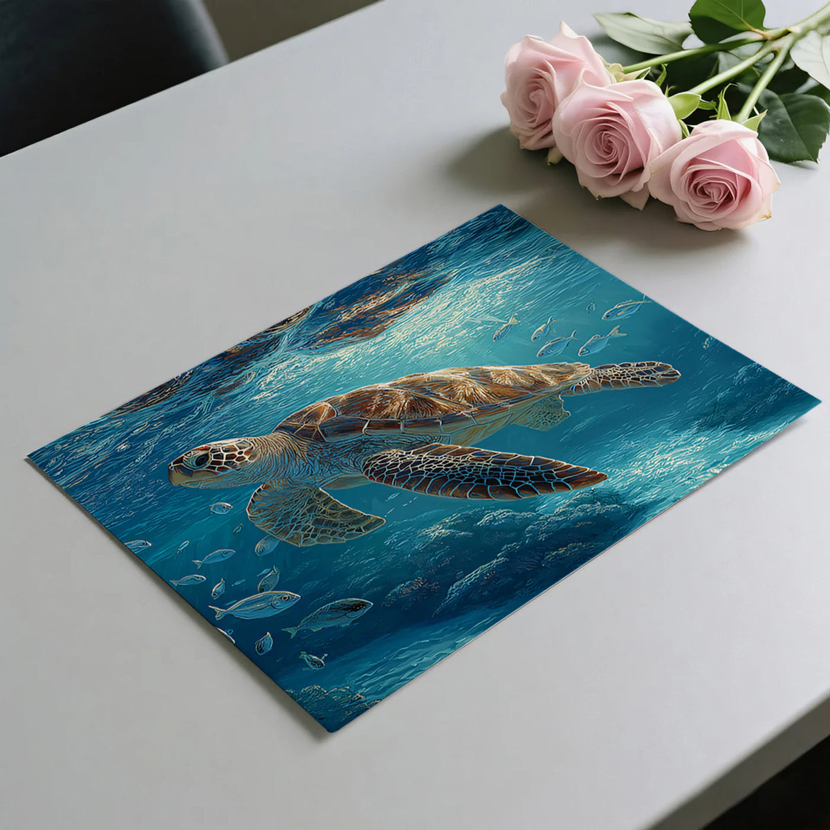Oceanic Sea Turtle Mural Wallpaper — Coastal Blue Underwater Scene Mural Wallpaper - room preview 03