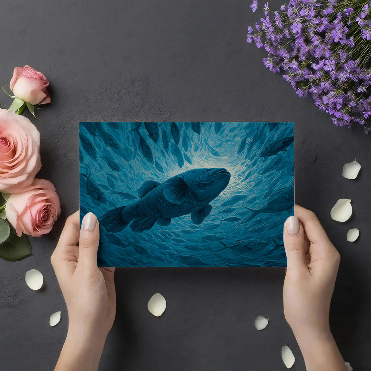 Deep Sea Vortex Mural Wallpaper — Moody Blue Ocean Illustration Mural Wallpaper - room preview 03