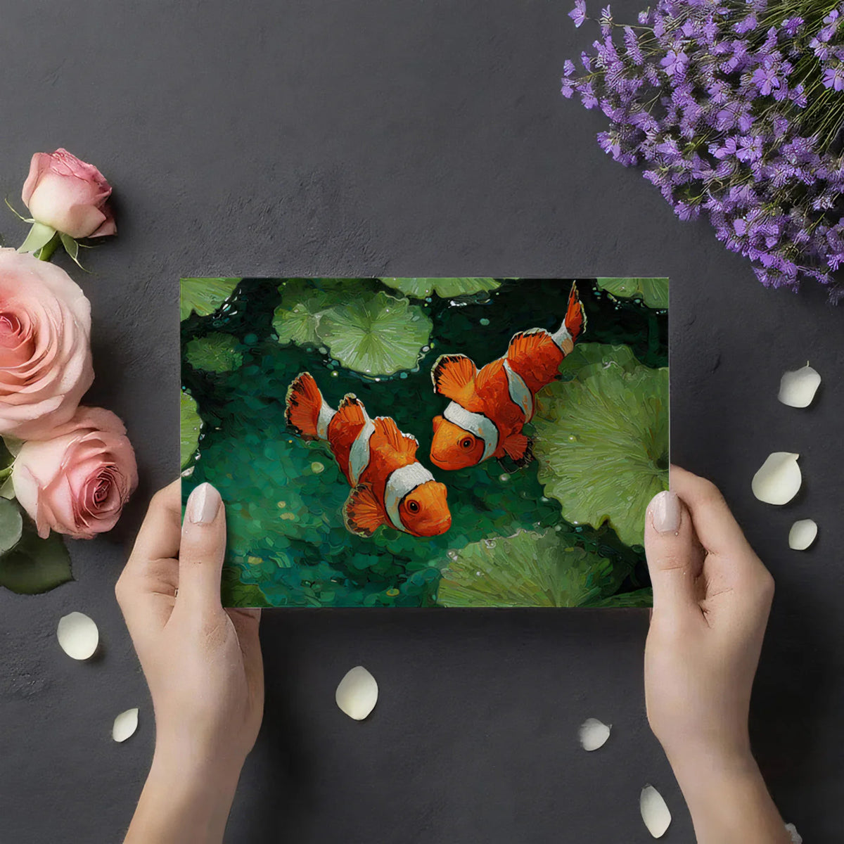 Clownfish Lily Pad Pond Mural Wallpaper — Artistic Marine Scene Mural Wallpaper - room preview 03
