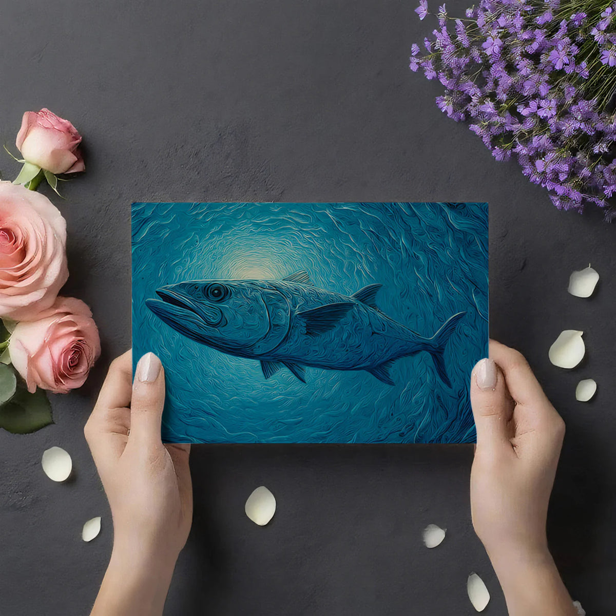 Abyssal Fish Mural Wallpaper — Swirling Impressionistic Marine Design Mural Wallpaper - room preview 03