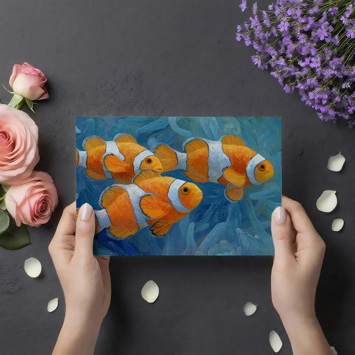 Impasto Clownfish Mural Wallpaper — Artistic Aquatic Theme Mural Wallpaper - room preview 03