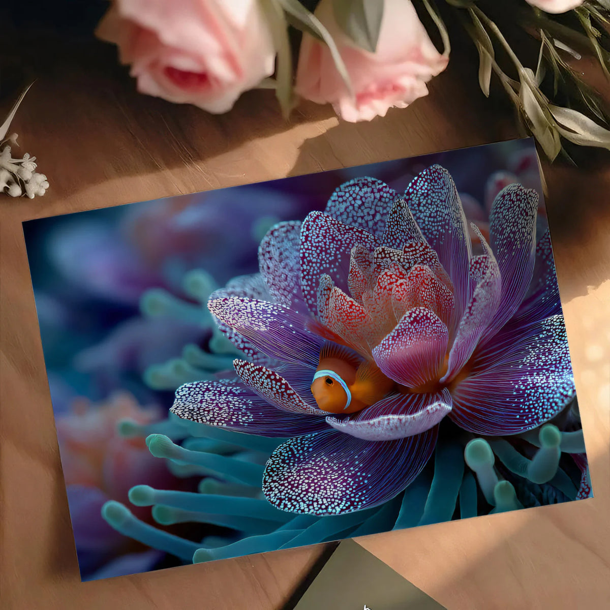 Clownfish in Purple Anemone Mural Wallpaper — Surreal Macro Floral Mural Wallpaper - room preview 03