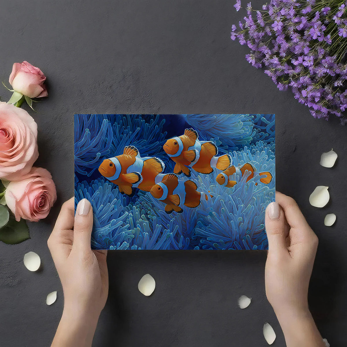 Clownfish and Blue Anemone Oil Painting Mural Mural Wallpaper - room preview 03