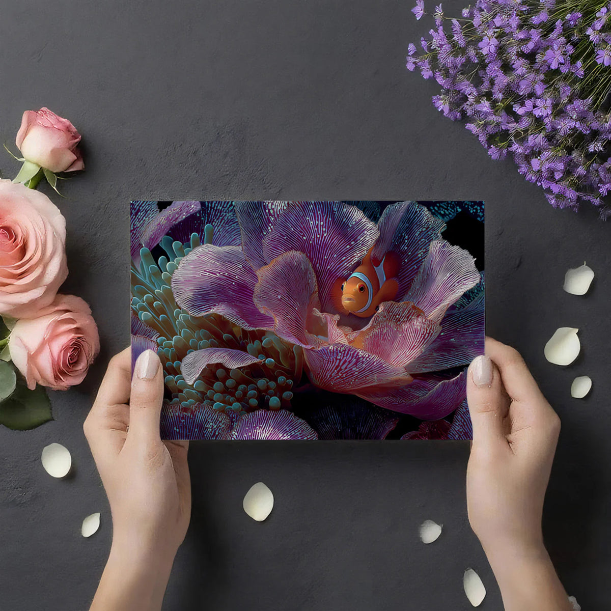 Clownfish and Purple Anemone Mural Wallpaper —Macro Underwater Art Mural Wallpaper - room preview 03