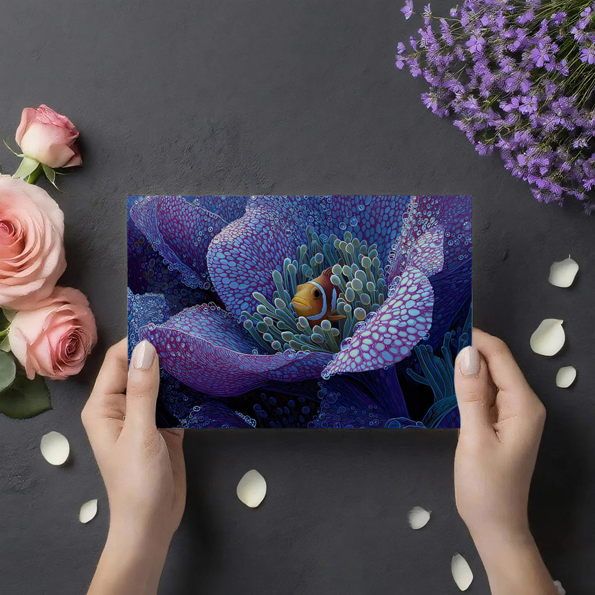 Anemone and Clownfish Macro Mural Wallpaper — Electric Violet Mural Wallpaper - room preview 03