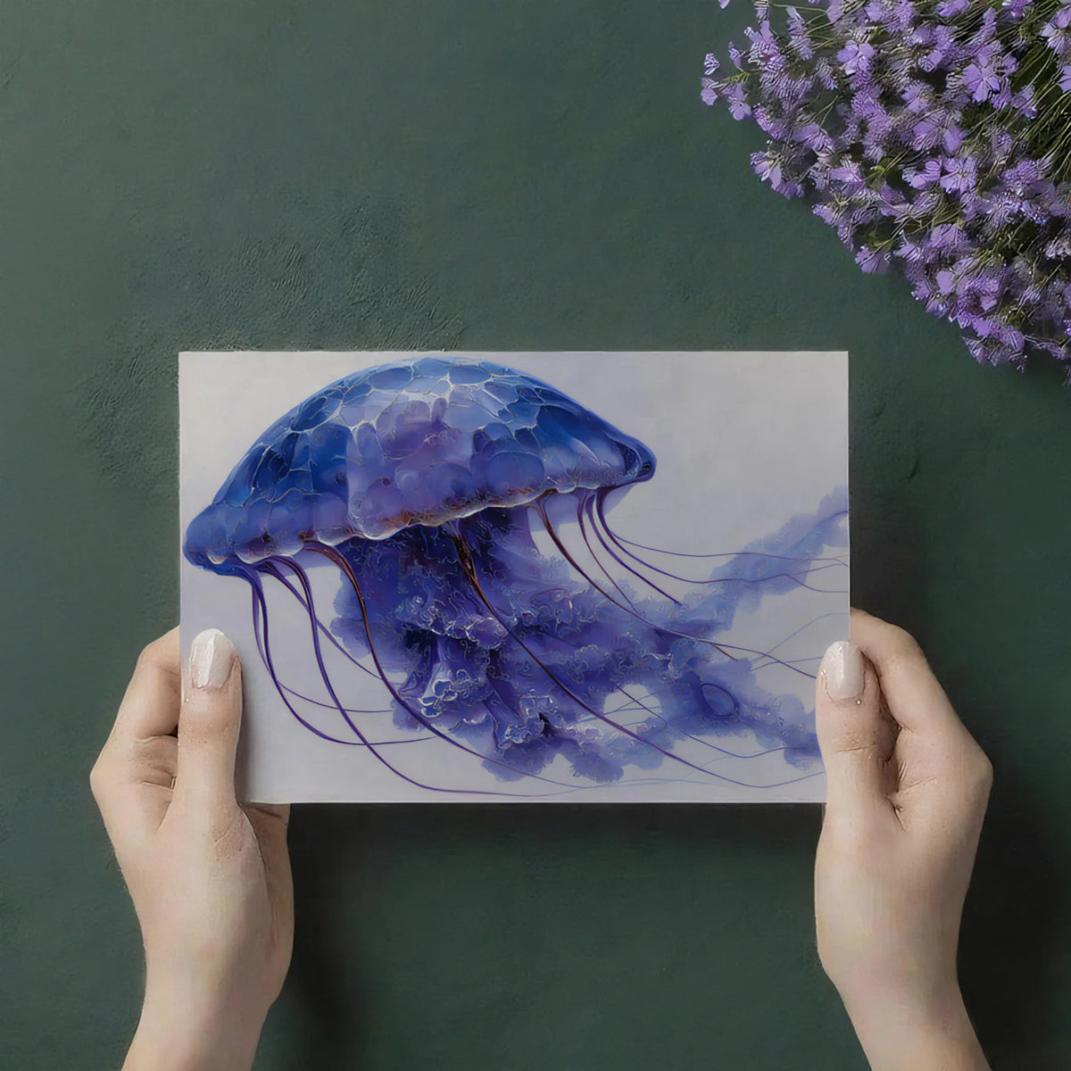 Ethereal Jellyfish Mural Wallpaper — Painted Deep Blue Art Mural Wallpaper - room preview 03