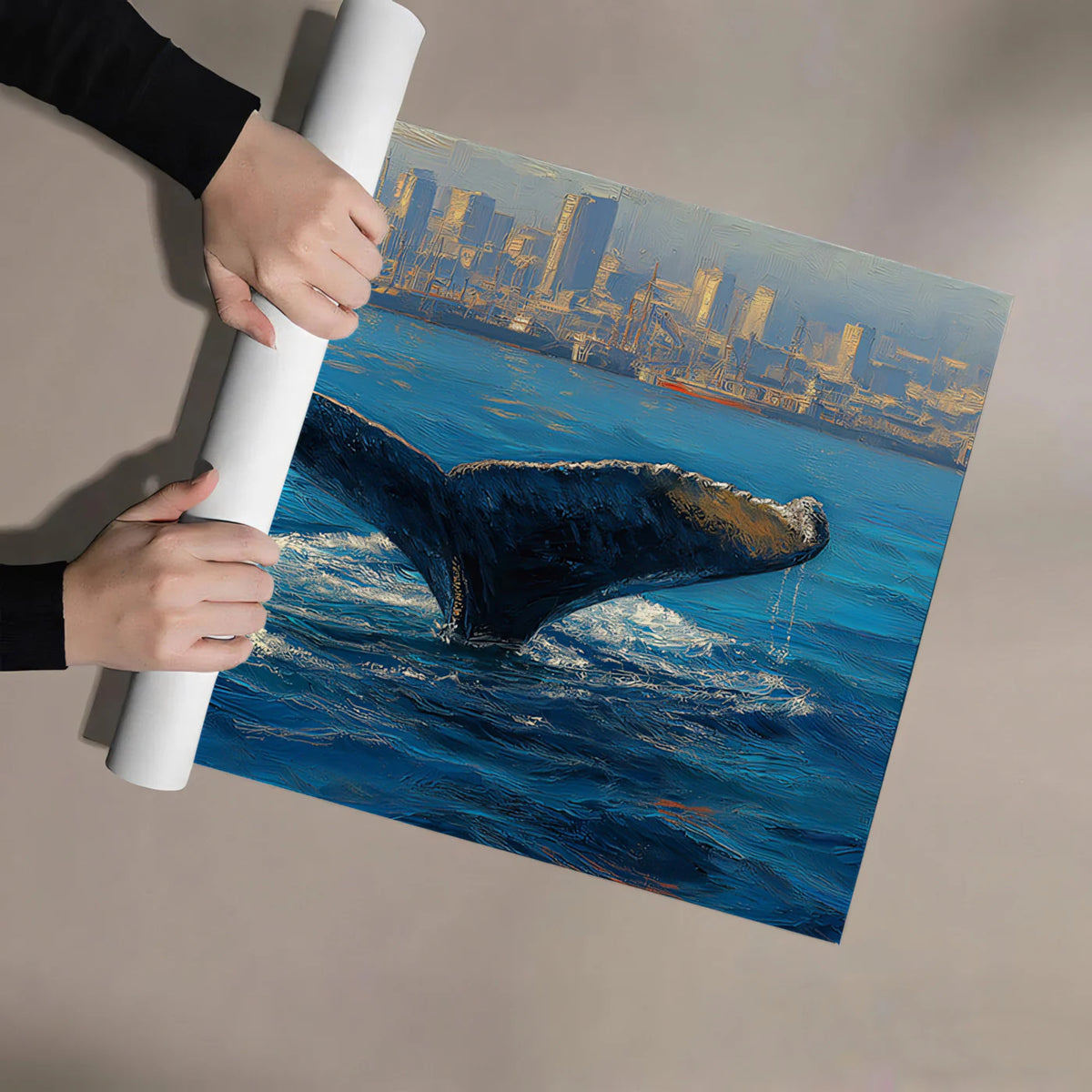 Whale Tail and City Skyline Mural Wallpaper — Artistic Oil Painting Mural Wallpaper - room preview 03