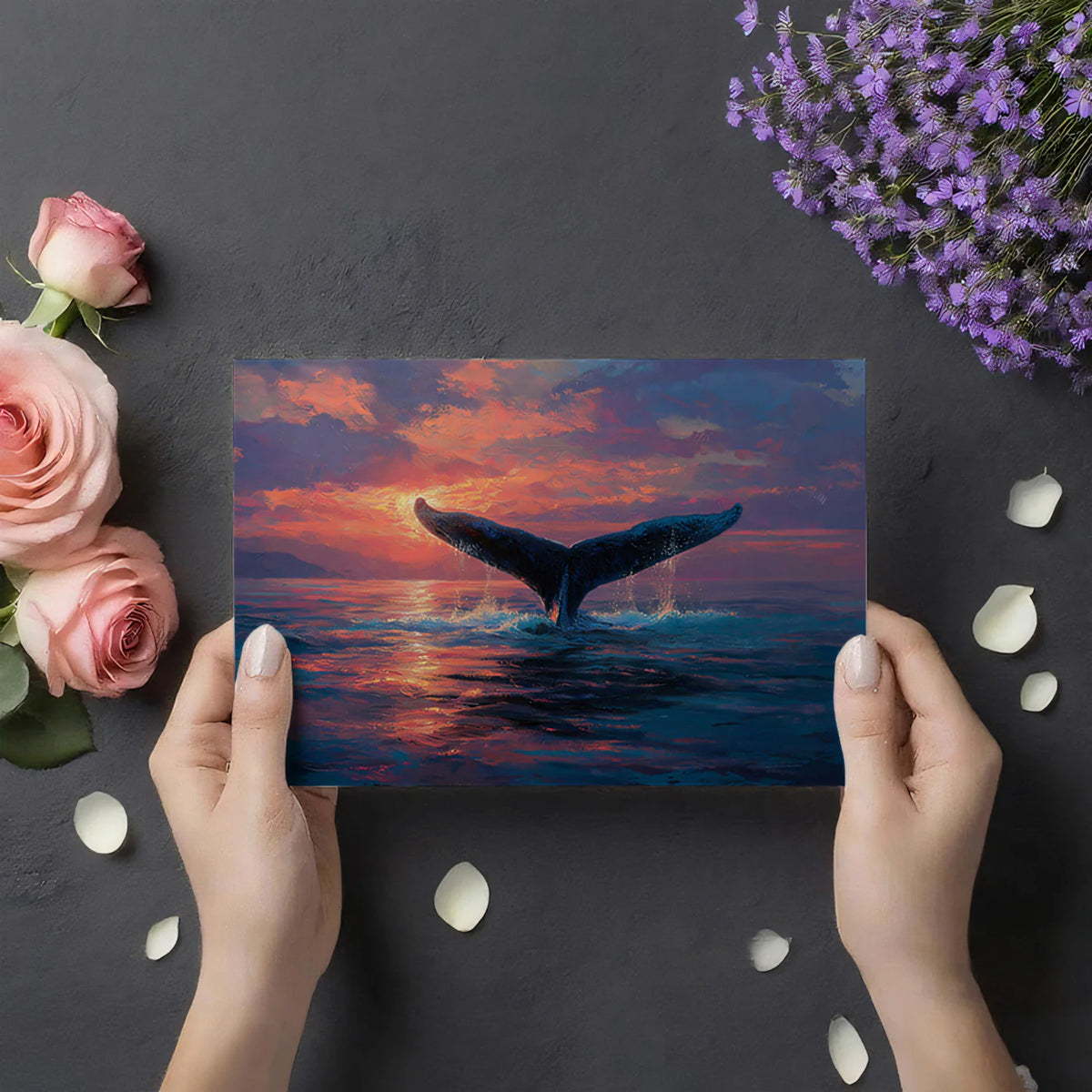 Sunset Whale Fluke Mural Wallpaper — Impressionistic Ocean Art Mural Wallpaper - room preview 03