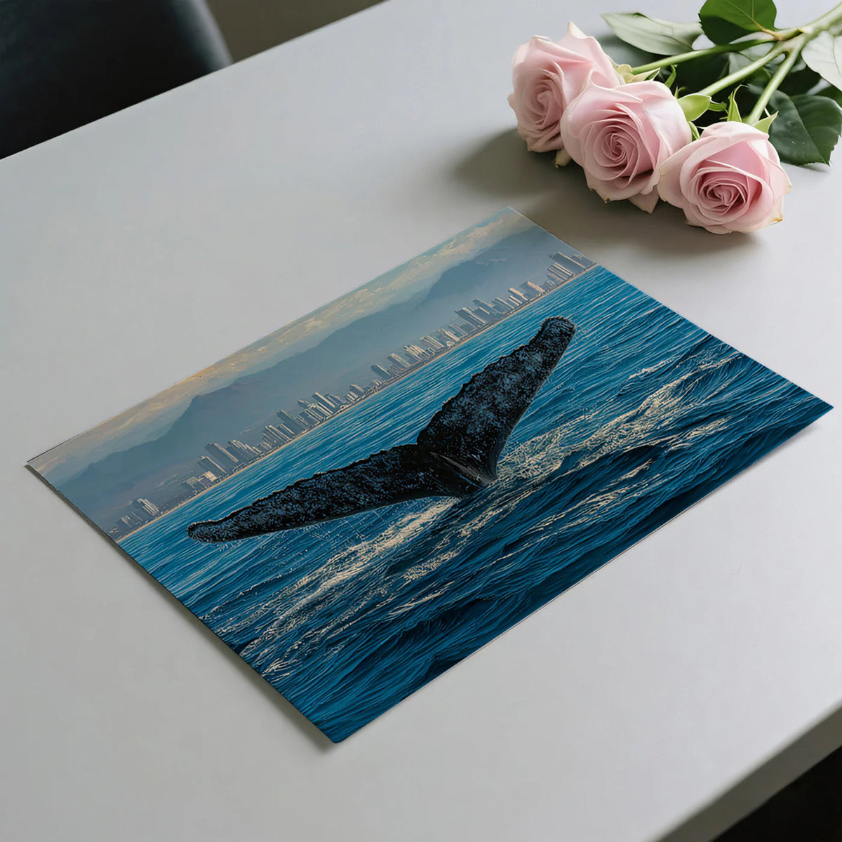 Humpback Whale and City Skyline Mural Wallpaper —Coastal Realism Mural Wallpaper - room preview 03