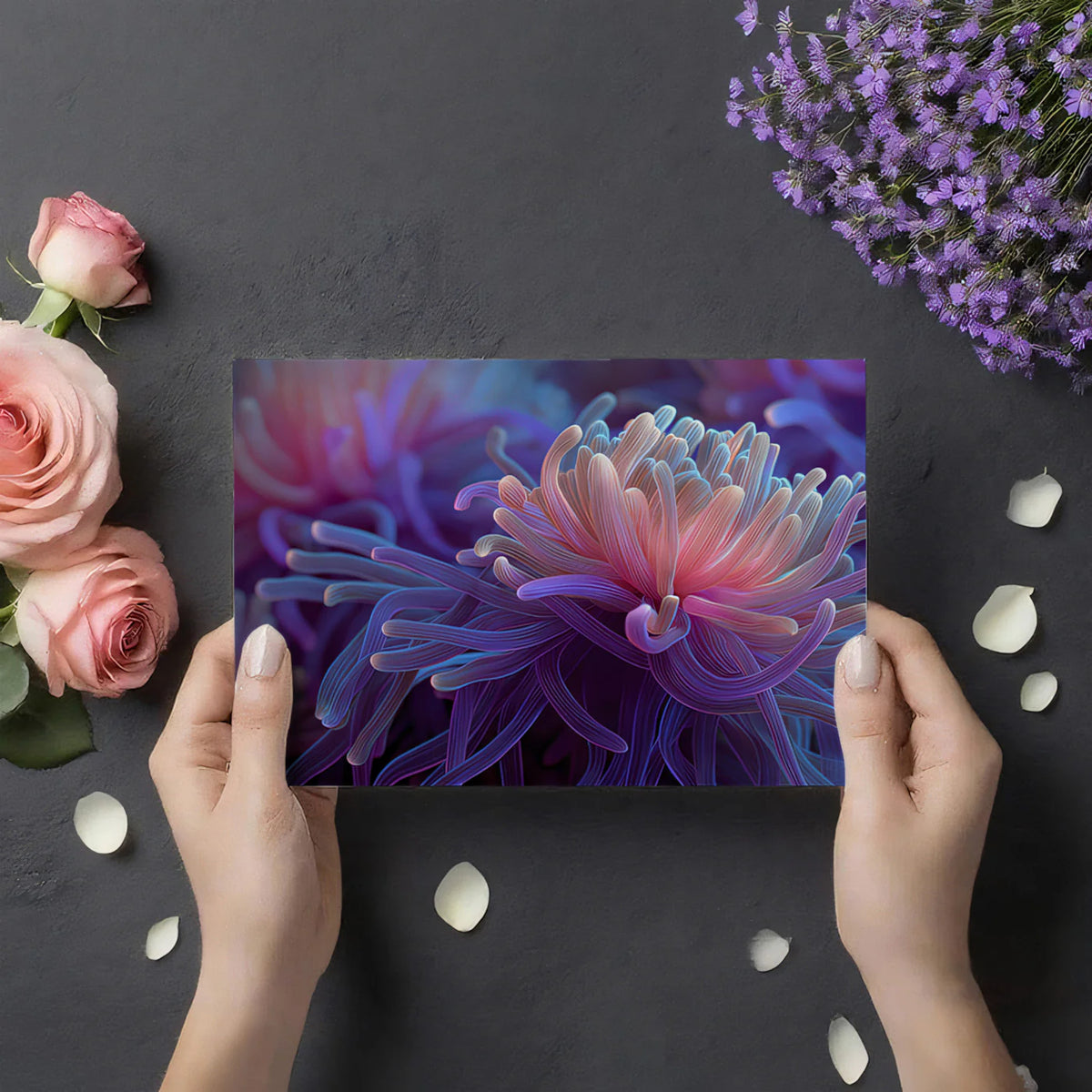 Bioluminescent Sea Anemone Mural Wallpaper — Macro Floral Fantasy Mural Wallpaper - room preview 03