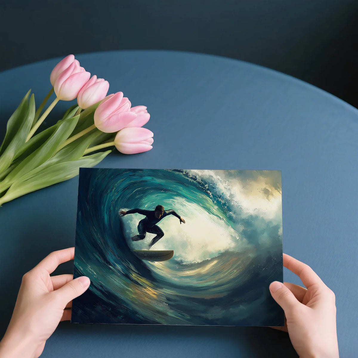Ocean Surfer Barrel Wave Mural Wallpaper — Moody Cinematic Art Mural Wallpaper - room preview 03