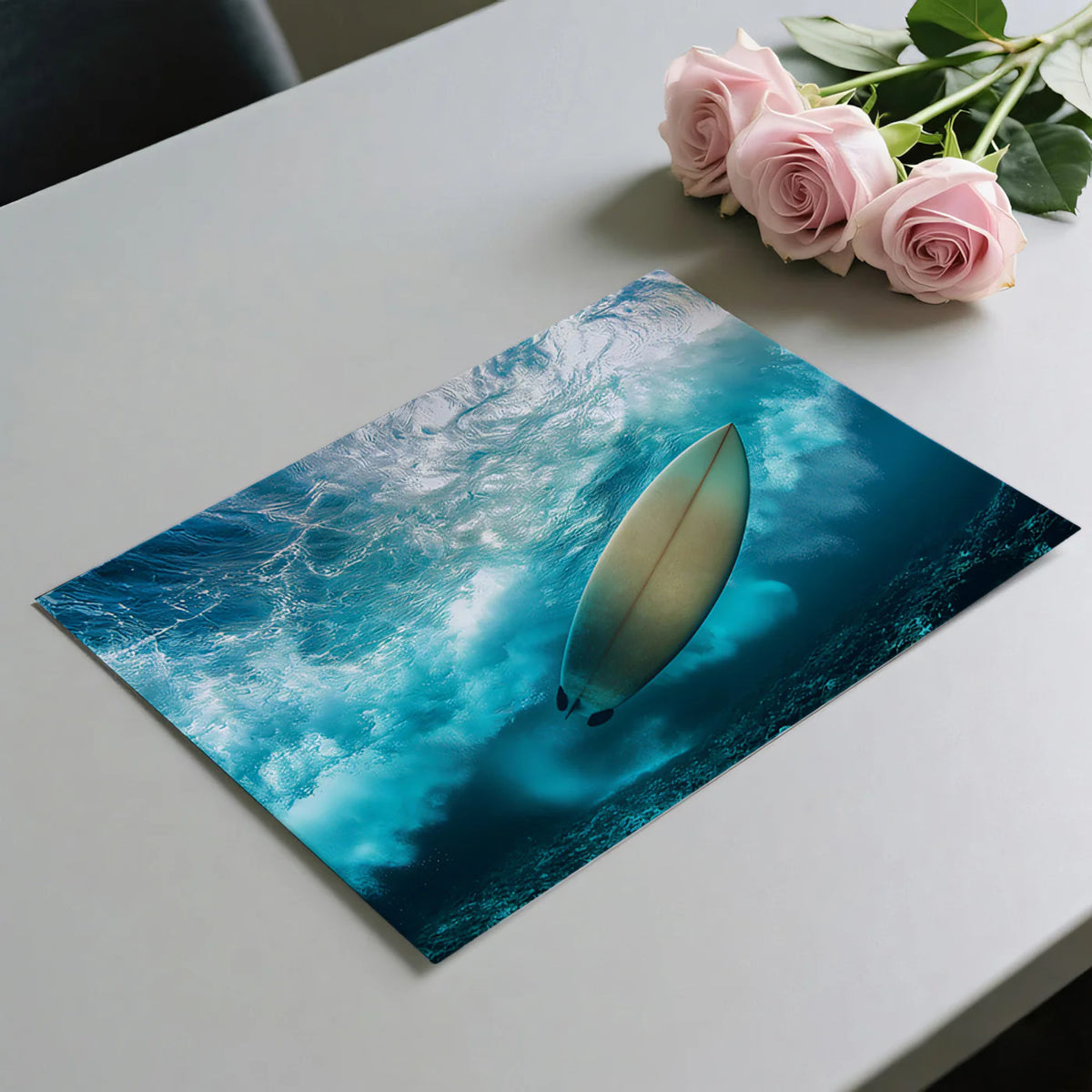 Submerged Surfboard Wave Mural Wallpaper — Moody Coastal Art Mural Wallpaper - room preview 03