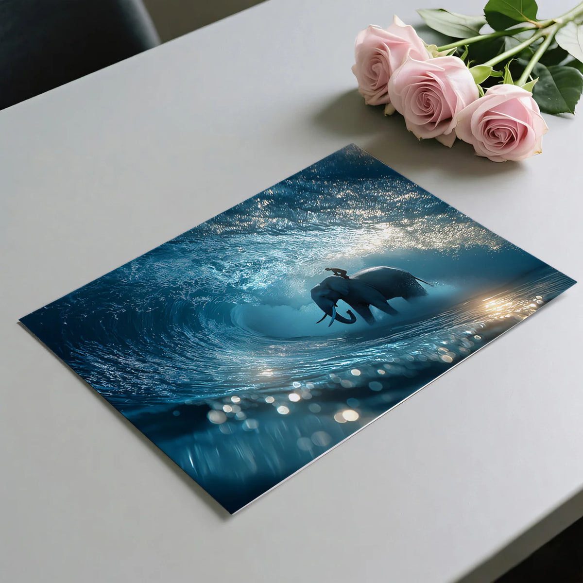 Surreal Elephant Surfing Wave Mural Wallpaper — Cinematic Ocean Art Mural Wallpaper - room preview 03