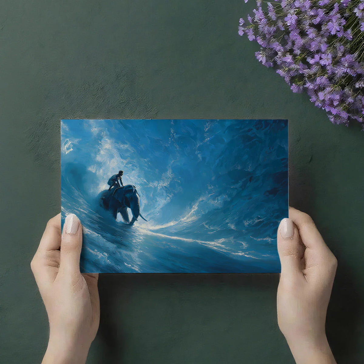 Surfing Elephant Oil Painting Mural — Expressive Ocean Blue Art Mural Wallpaper - room preview 03