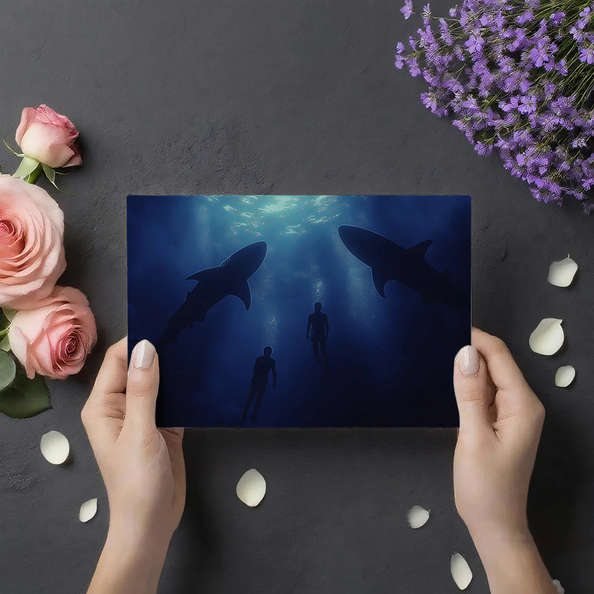 Deep Sea Shark and Swimmer Mural Wallpaper — Moody Underwater Scene Mural Wallpaper - room preview 03