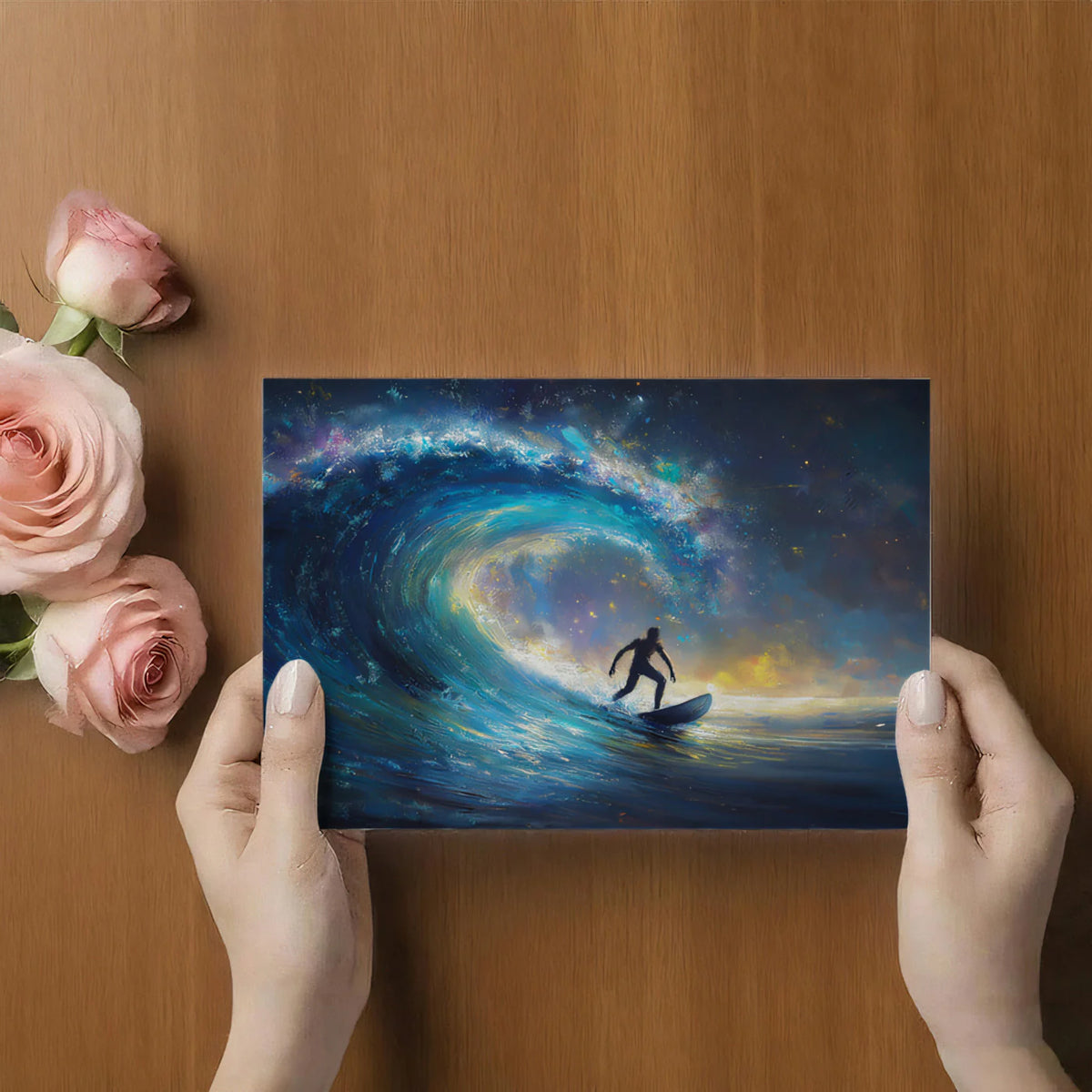 Cosmic Surfer Wave Mural Wallpaper — Impressionist Night Ocean Scene Mural Wallpaper - room preview 03