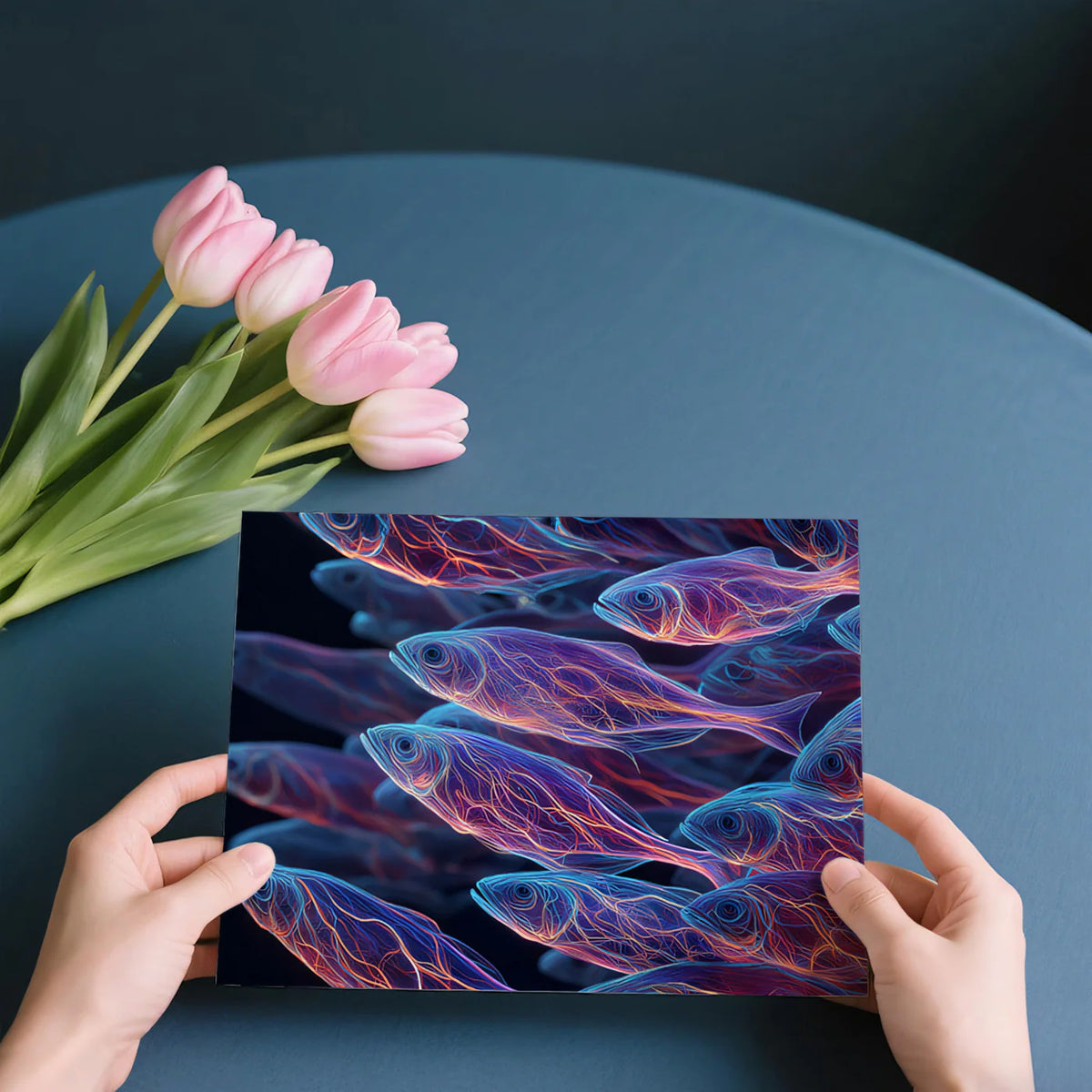 Neon School of Fish Mural Wallpaper — Abstract Bioluminescent Art Mural Wallpaper - room preview 03