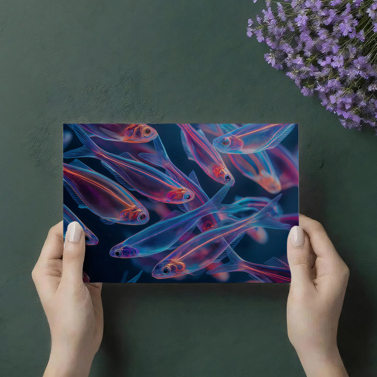 Neon Bioluminescent School of Fish Mural Wallpaper - room preview 03