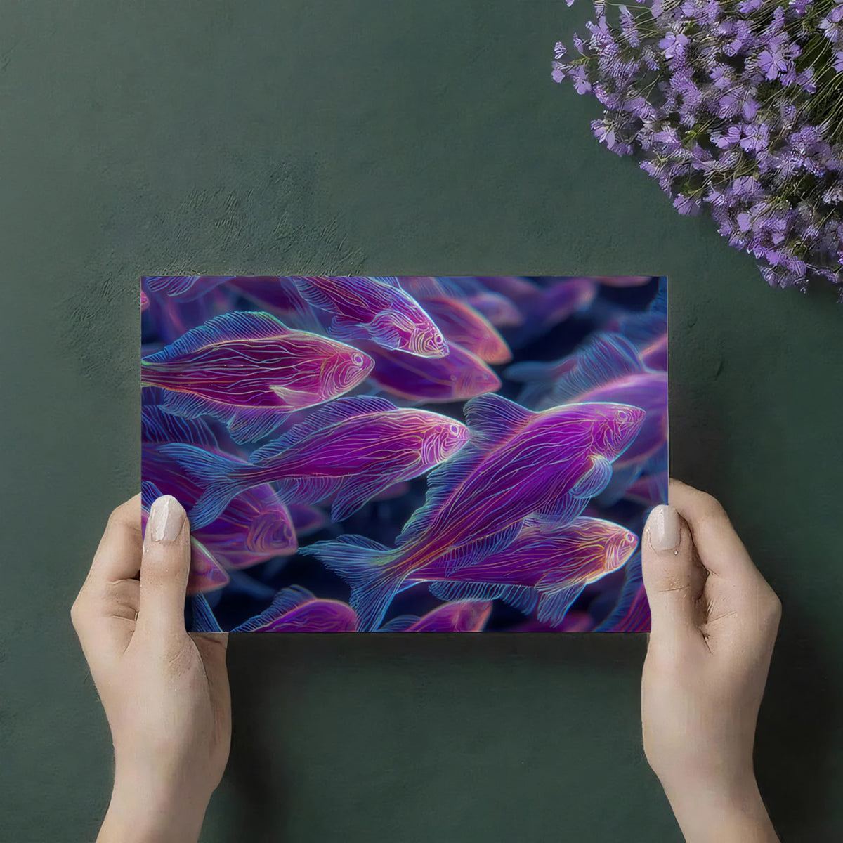 Neon School of Fish Mural Wallpaper in Electric Pink and Purple Mural Wallpaper - room preview 03