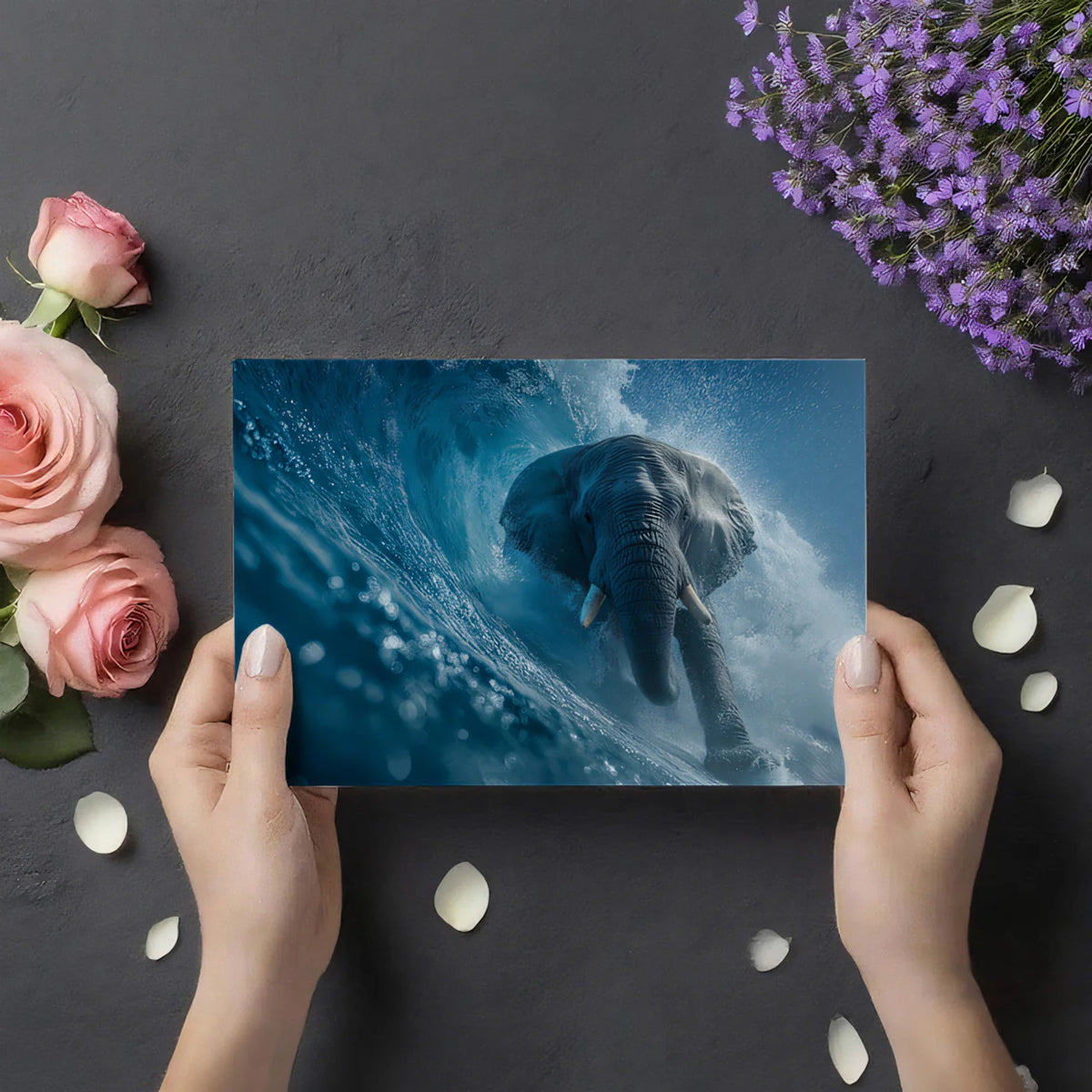 Elephant Surfing Barrel Wave Mural Wallpaper —Dynamic Marine Scene Mural Wallpaper - room preview 03