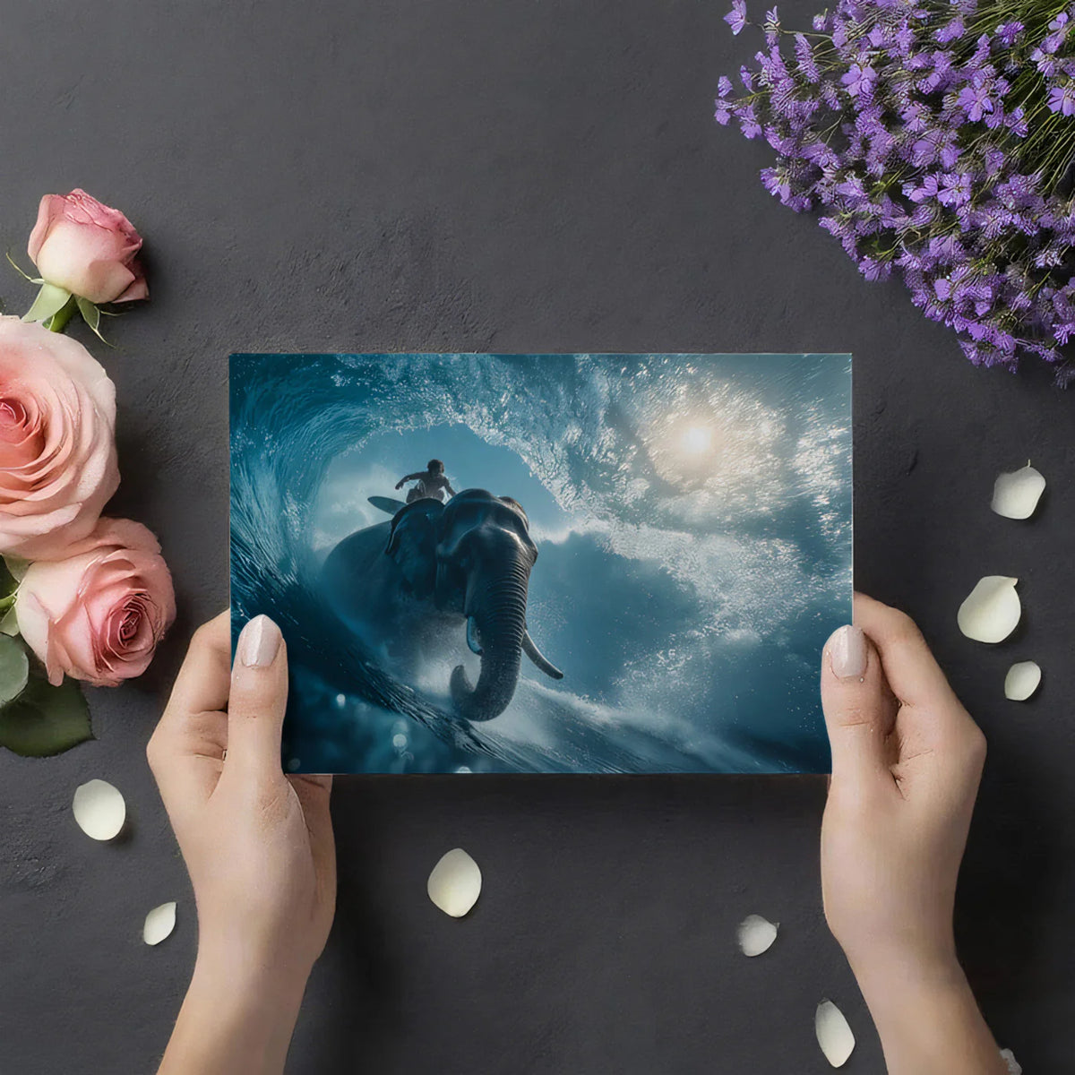 Elephant Surfer Ocean Wave Mural Wallpaper — Dynamic Marine Scene Mural Wallpaper - room preview 03