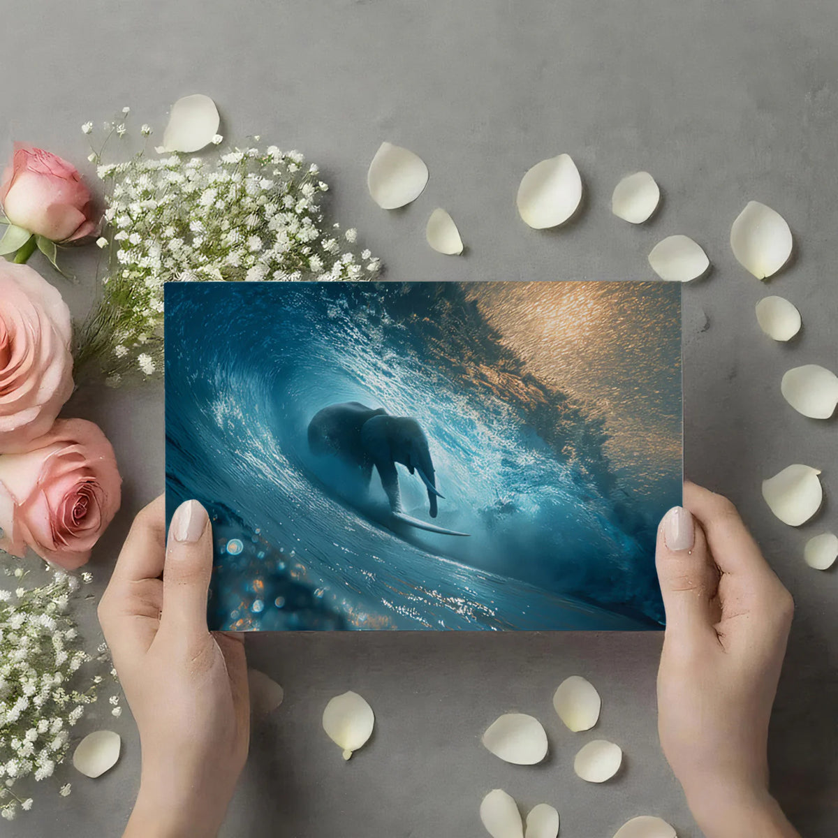 Elephant Surfing Wave Mural Wallpaper — Surreal Coastal Art Mural Wallpaper - room preview 03