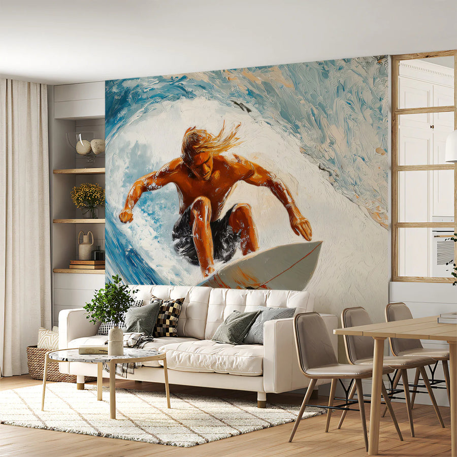 Sea Wallpaper Mural – Ocean Wall Mural – Surfer Wave Impasto Oil Painting Mural — Coastal Action Decor
