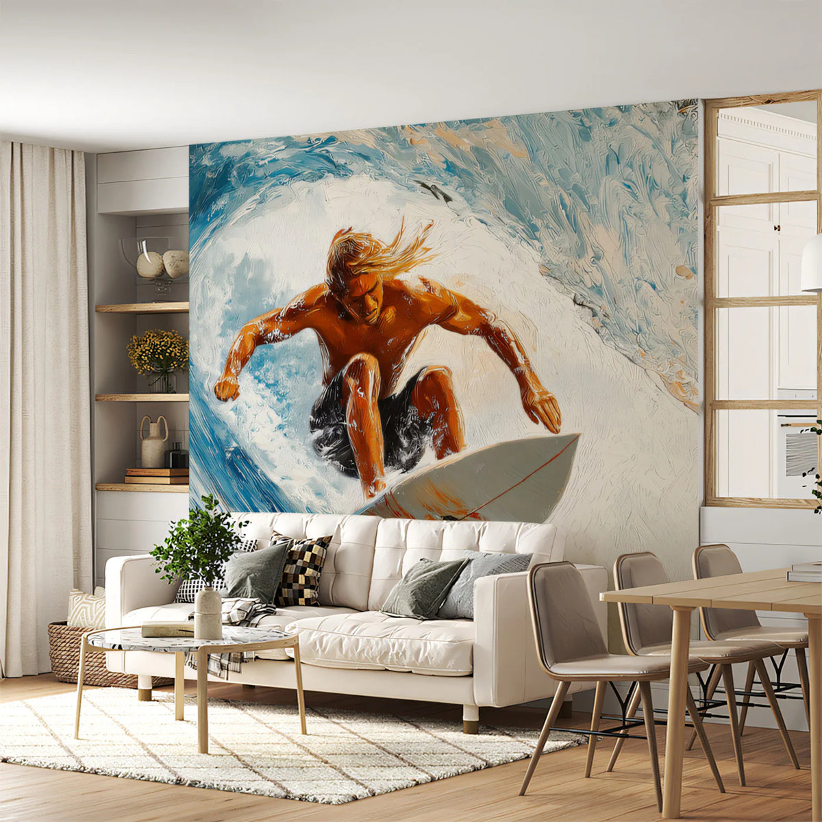 Surfer Wave Impasto Oil Painting Mural — Coastal Action Decor Mural Wallpaper - room preview 03