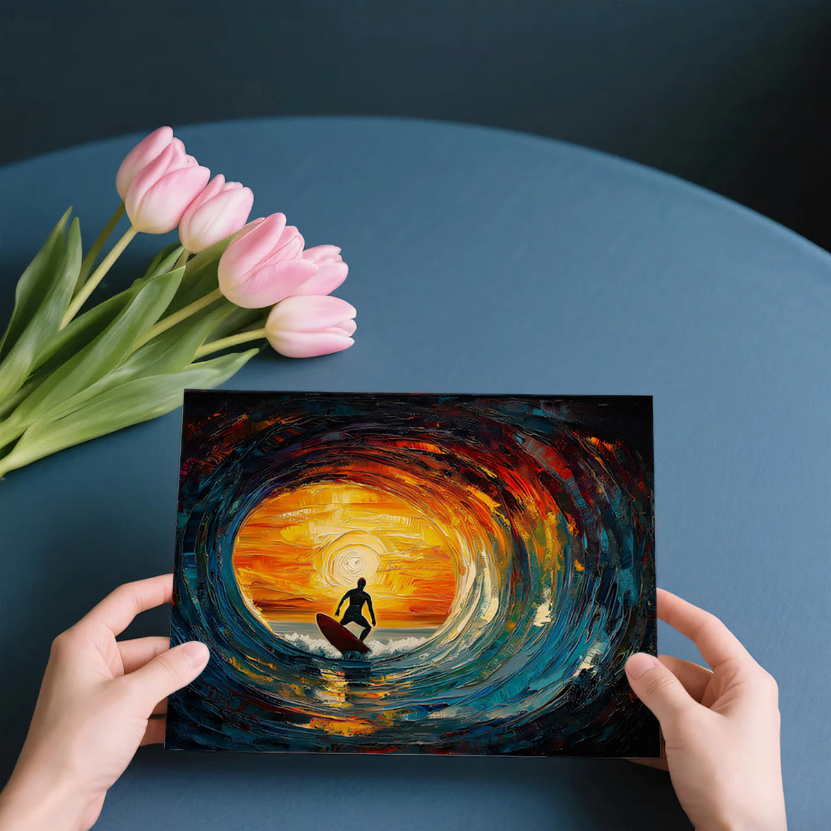 Surfer Sunset Barrel Wave Mural Wallpaper — Artistic Oil Painting Mural Wallpaper - room preview 03