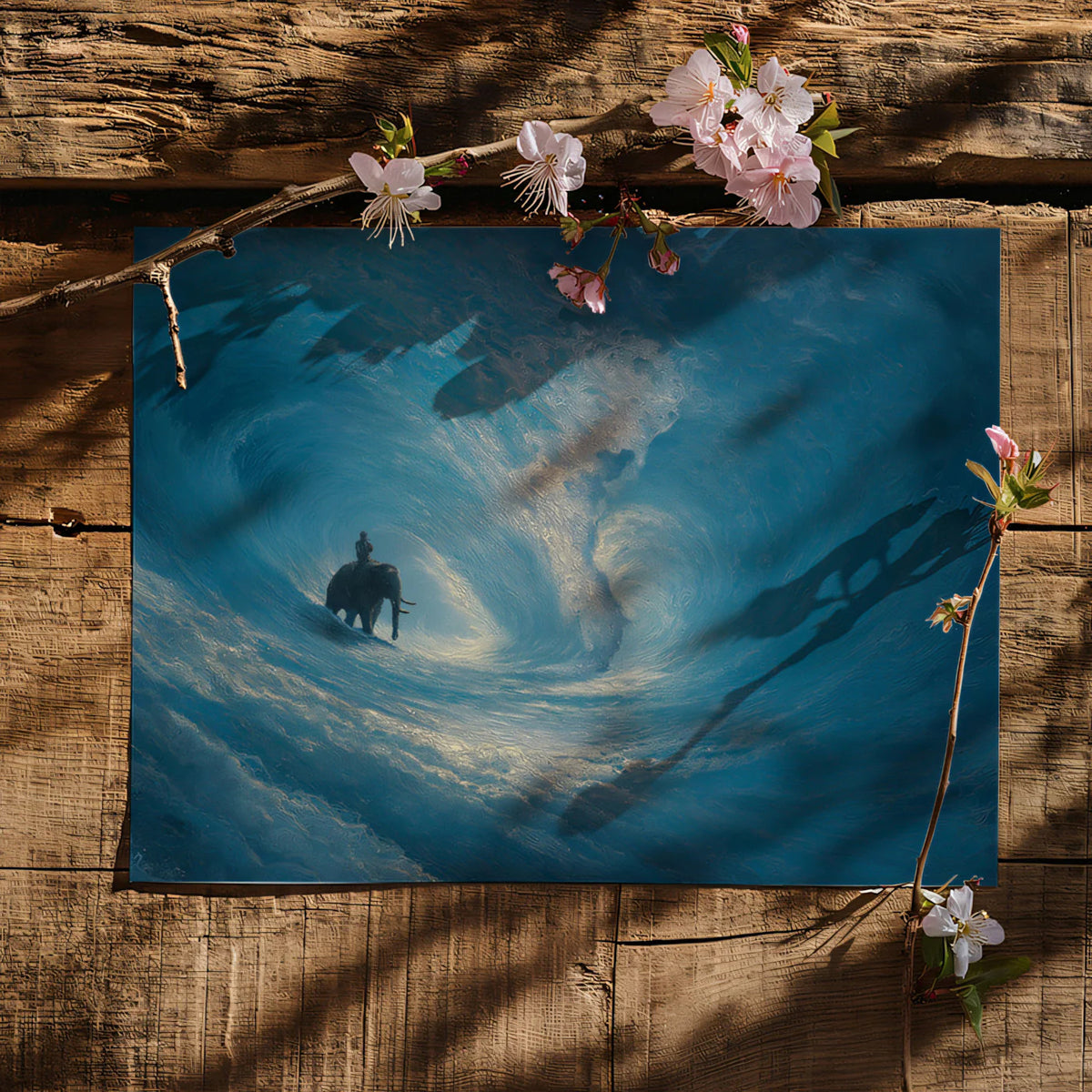 Elephant and Wave Mural Wallpaper — Impressionistic Deep Blue Art Mural Wallpaper - room preview 03