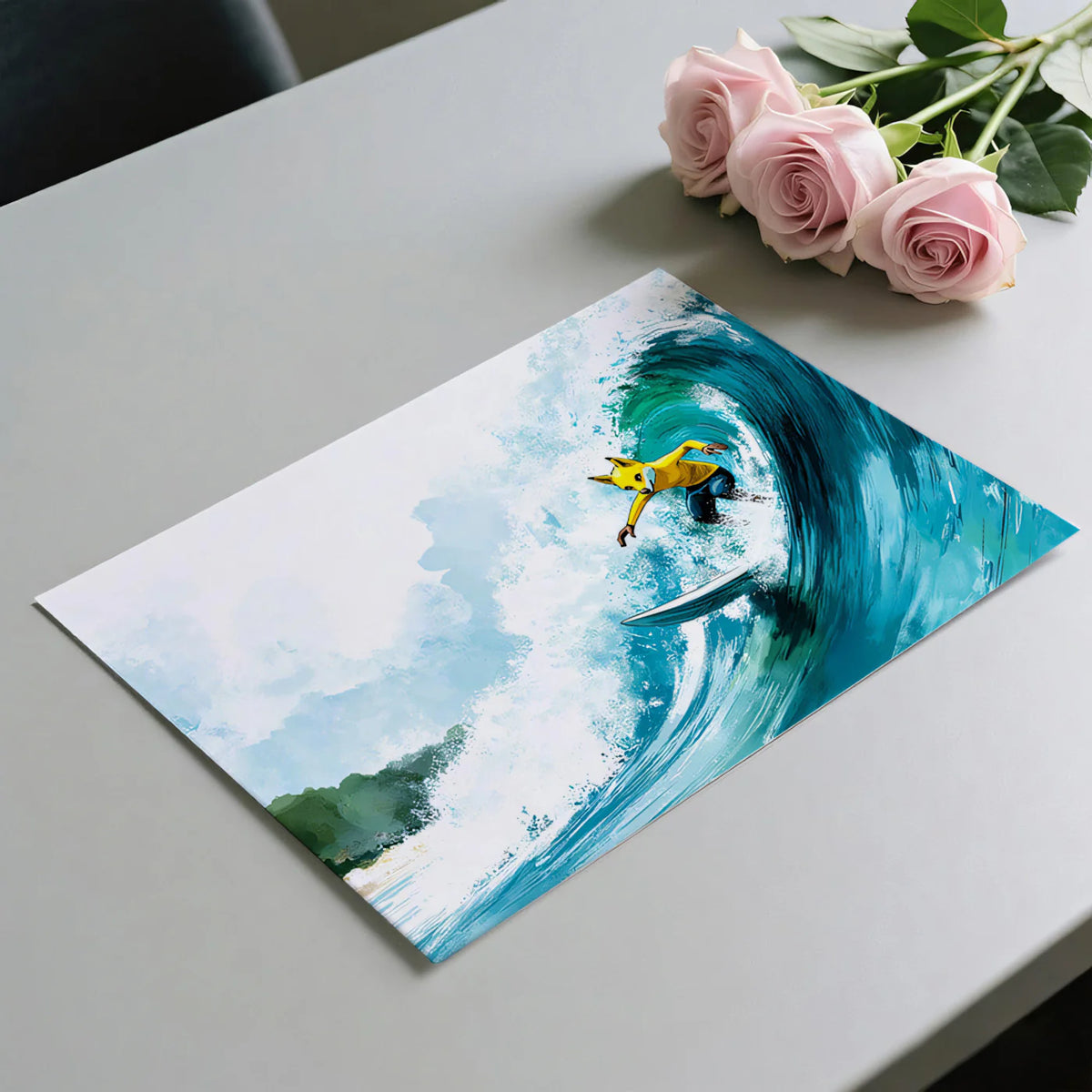Surfing Fox Wave Mural Wallpaper — Playful Coastal Illustration Mural Wallpaper - room preview 03