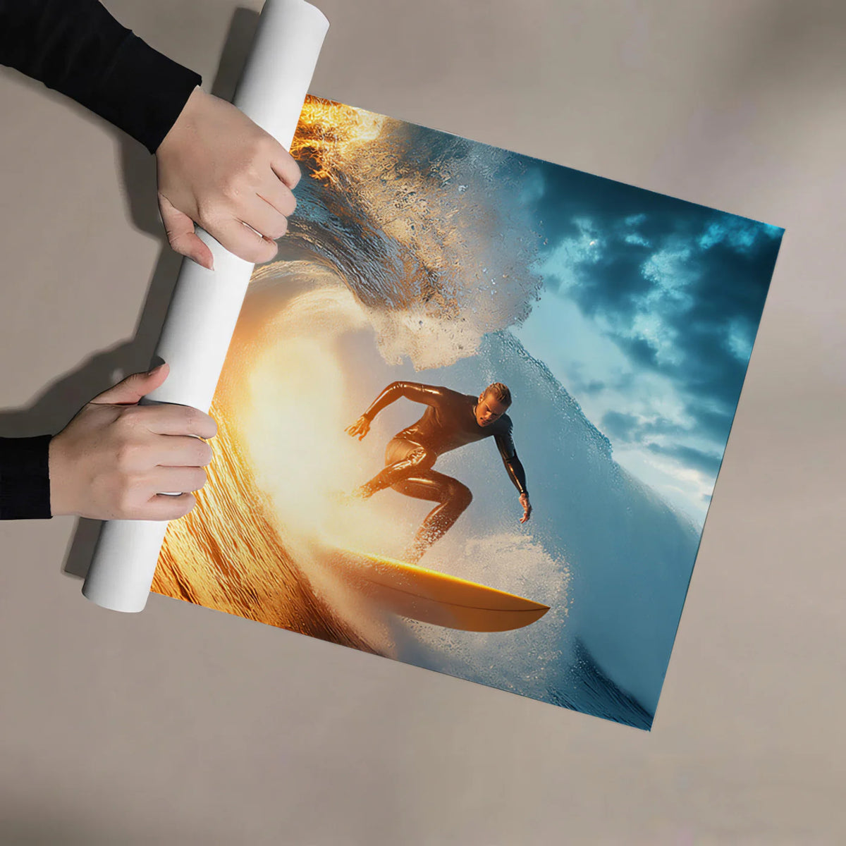 Fire and Water Barrel Wave Mural Wallpaper — High Energy Contrast Mural Wallpaper - room preview 03