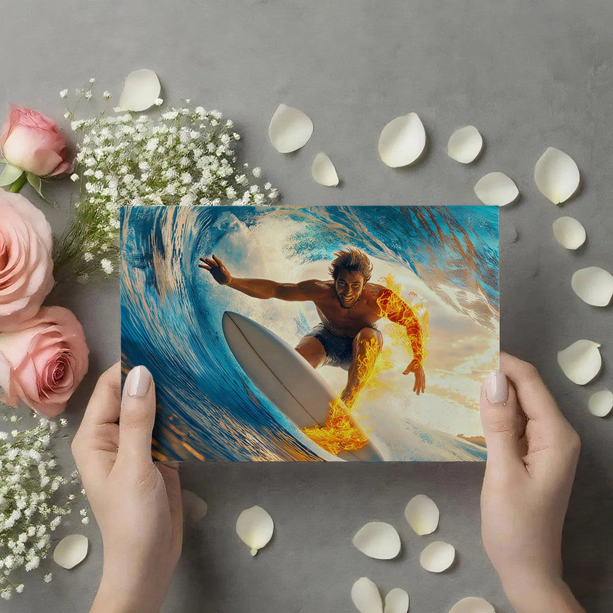 Fiery Surfer Action Mural Wallpaper — Bold Coastal Fantasy Art Mural Wallpaper - room preview 03