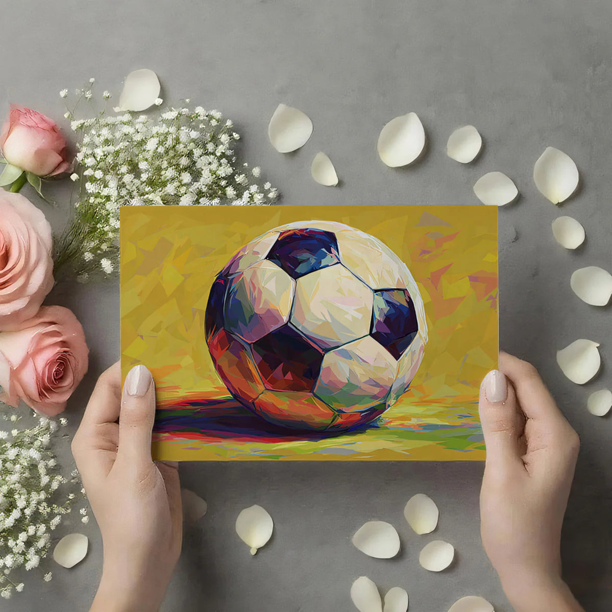 Abstract Cubist Soccer Ball Mural Wallpaper in Ochre and Primary Tones Mural Wallpaper - room preview 03