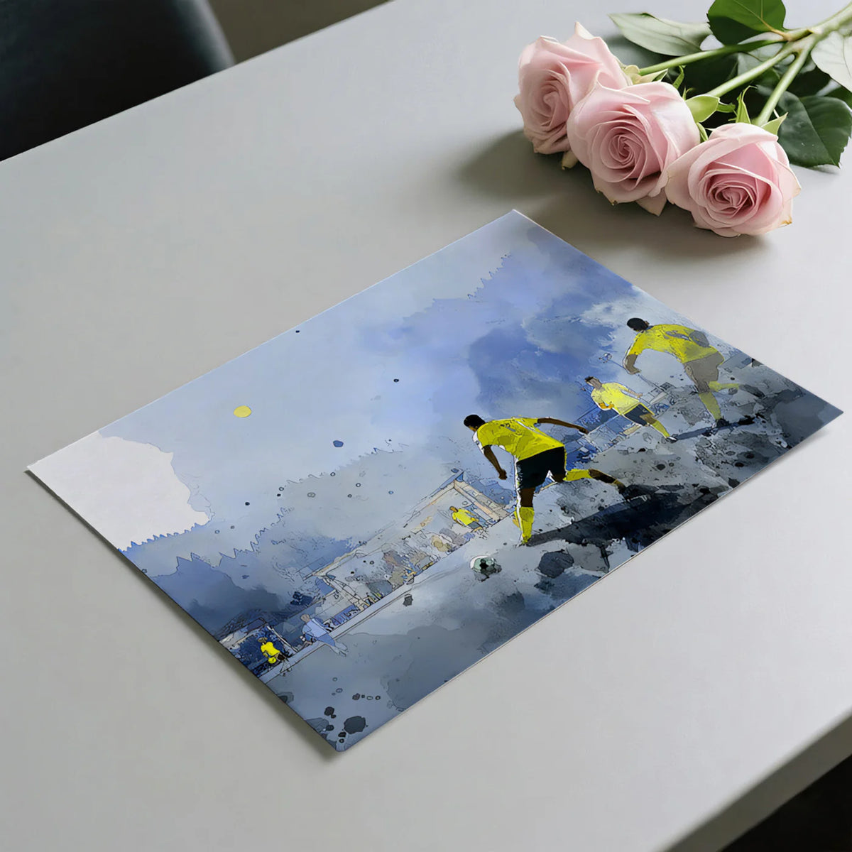 Street Soccer Watercolor Mural Wallpaper — Blue and Yellow Action Mural Wallpaper - room preview 03
