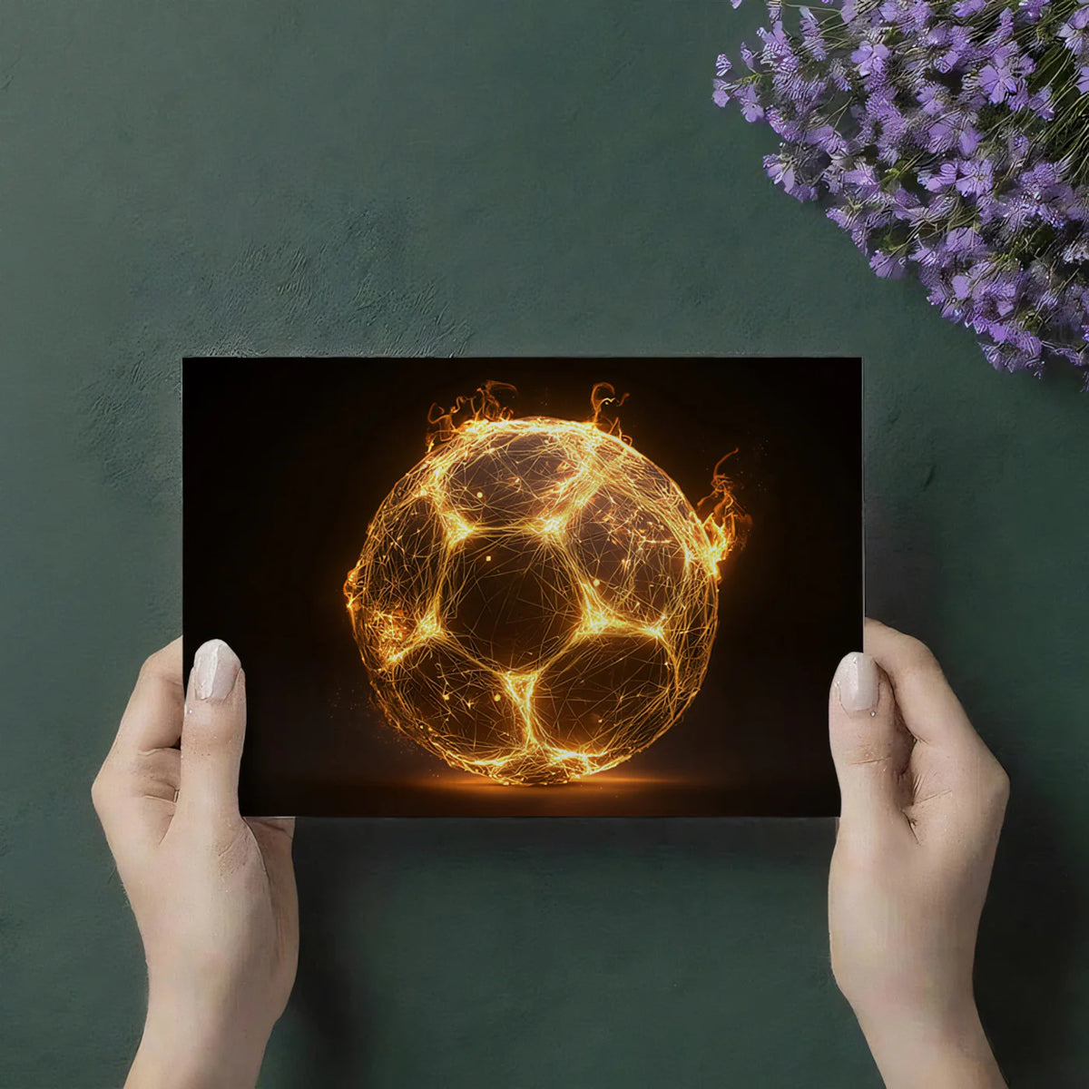 Fiery Soccer Ball Mural Wallpaper — Glowing Geometric Sports Art Mural Wallpaper - room preview 03