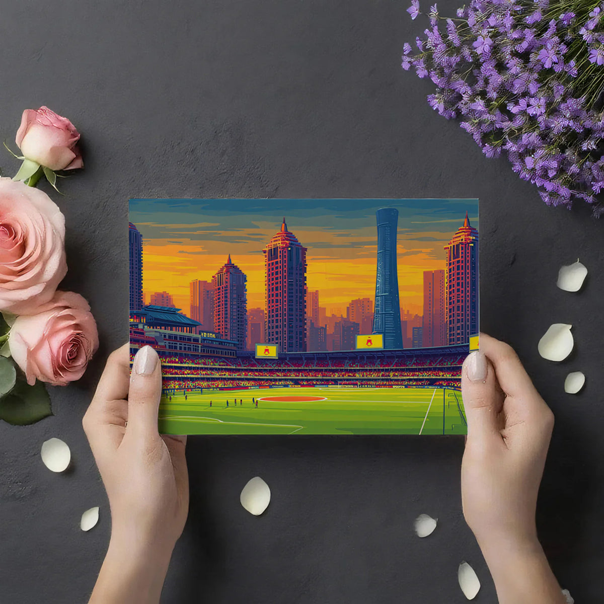 Metropolitan Stadium Skyline Mural Wallpaper —Sunset Pop Art Design Mural Wallpaper - room preview 03