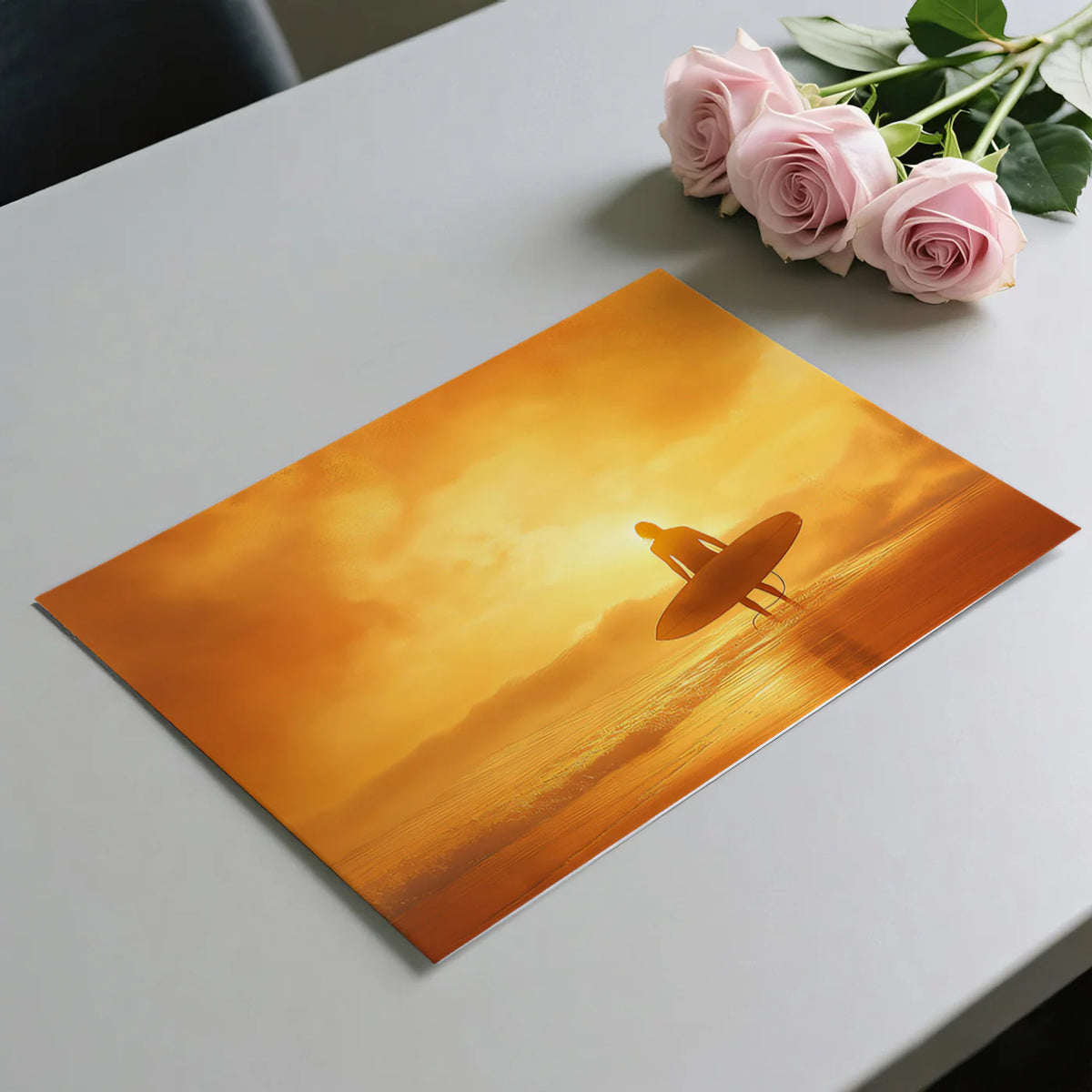 Fiery Surfer Sunset Coastal Mural Wallpaper — Hazy Amber Glow Mural Wallpaper - room preview 03