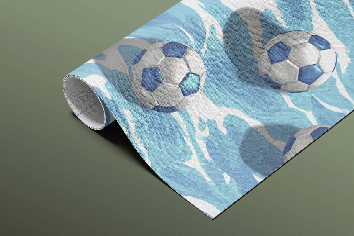 Soccer Ball and Wave Mural Wallpaper — Dynamic Blue Sports Motif Mural Wallpaper - room preview 03