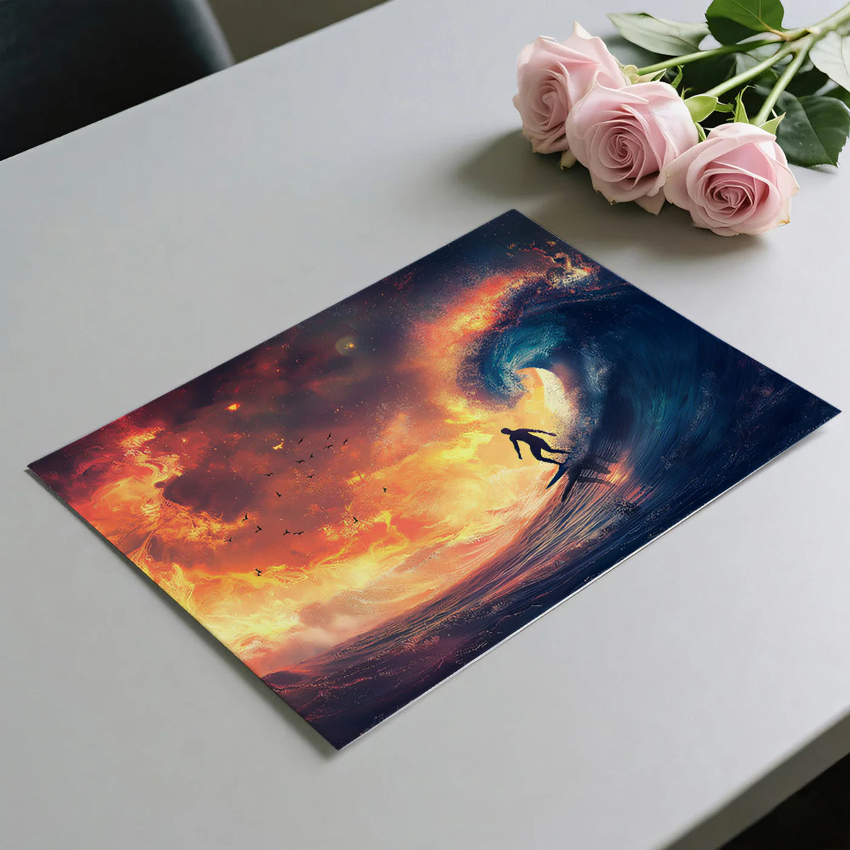 Fiery Ocean Wave Surfing Mural Wallpaper — High Contrast Art Mural Wallpaper - room preview 03