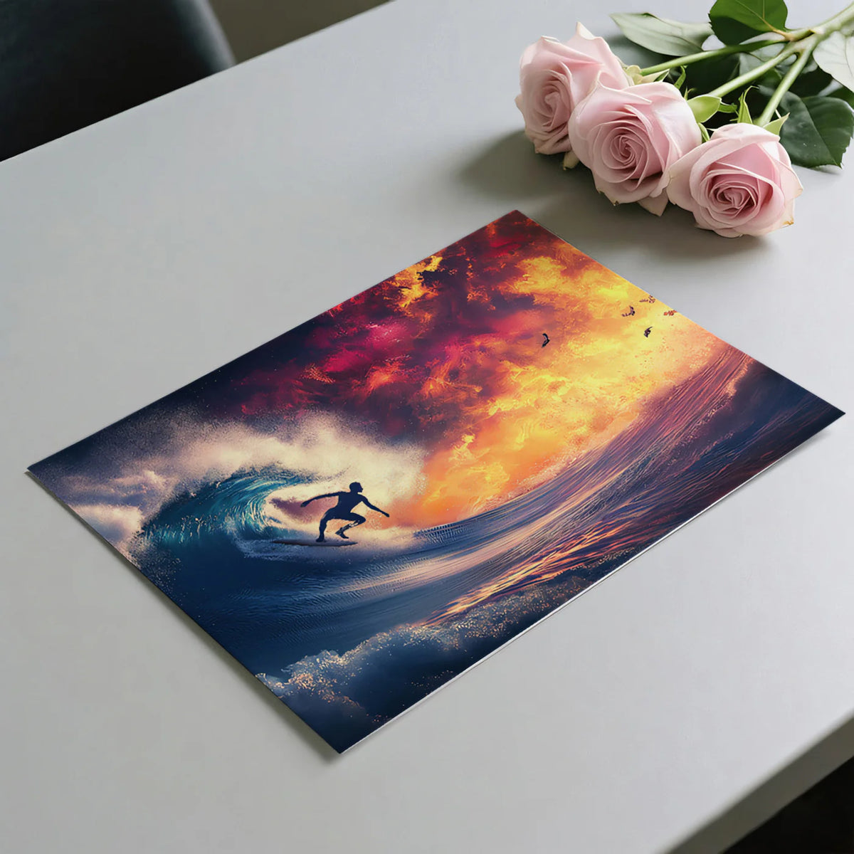 Fiery Surfing Wave Mural Wallpaper — High-Action Coastal Design Mural Wallpaper - room preview 03