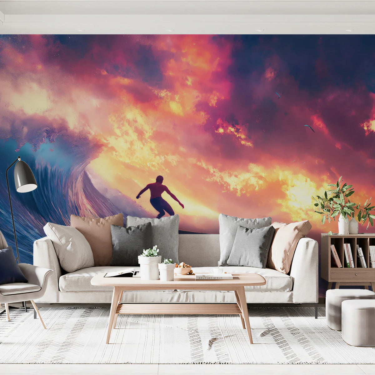 Neon Sunset Surfer Wave Mural Wallpaper — Electric Coastal Decor Mural Wallpaper - room preview 03