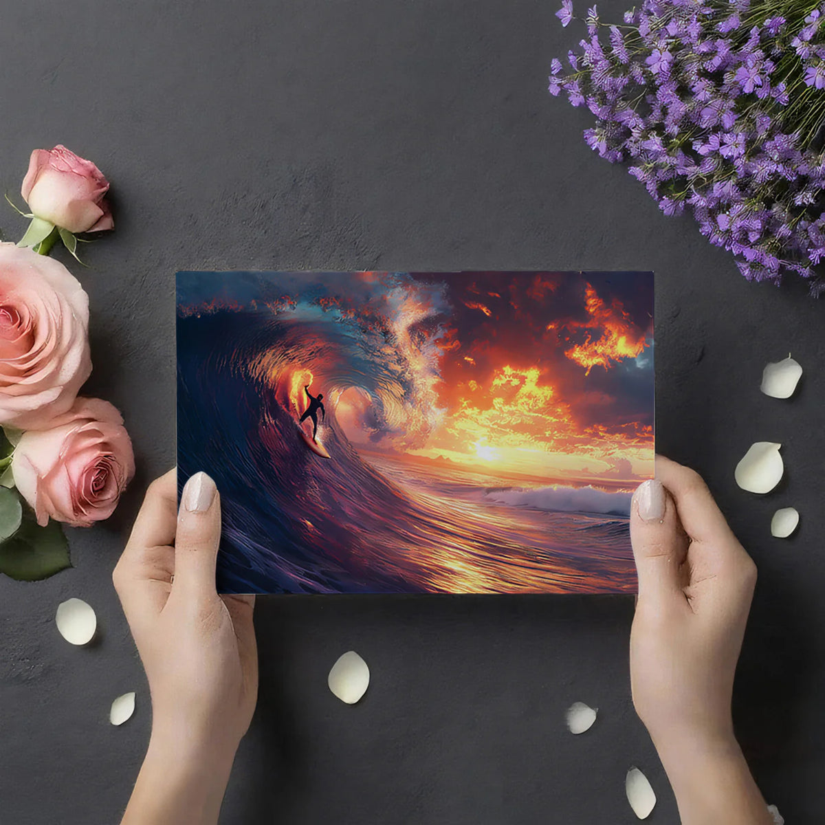 Fiery Sunset Surf Mural Wallpaper — Energetic Ocean Action Art Mural Wallpaper - room preview 03