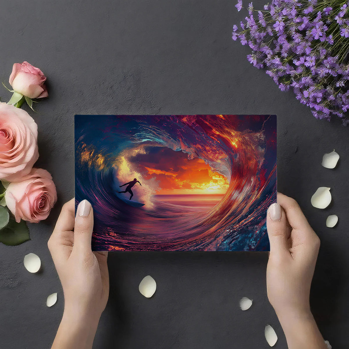 Neon Sunset Surfer Barrel Wave Mural Wallpaper — Electric Energy Mural Wallpaper - room preview 03