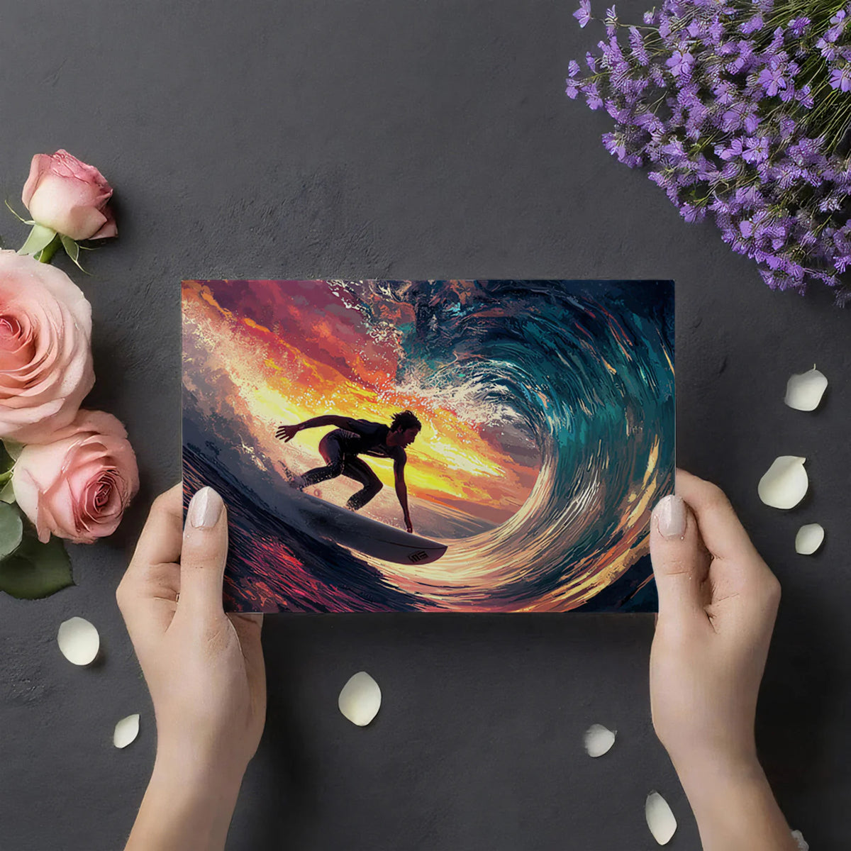 Sunset Surfer Barrel Wave Mural Wallpaper — Dynamic Ocean Art Mural Wallpaper - room preview 03