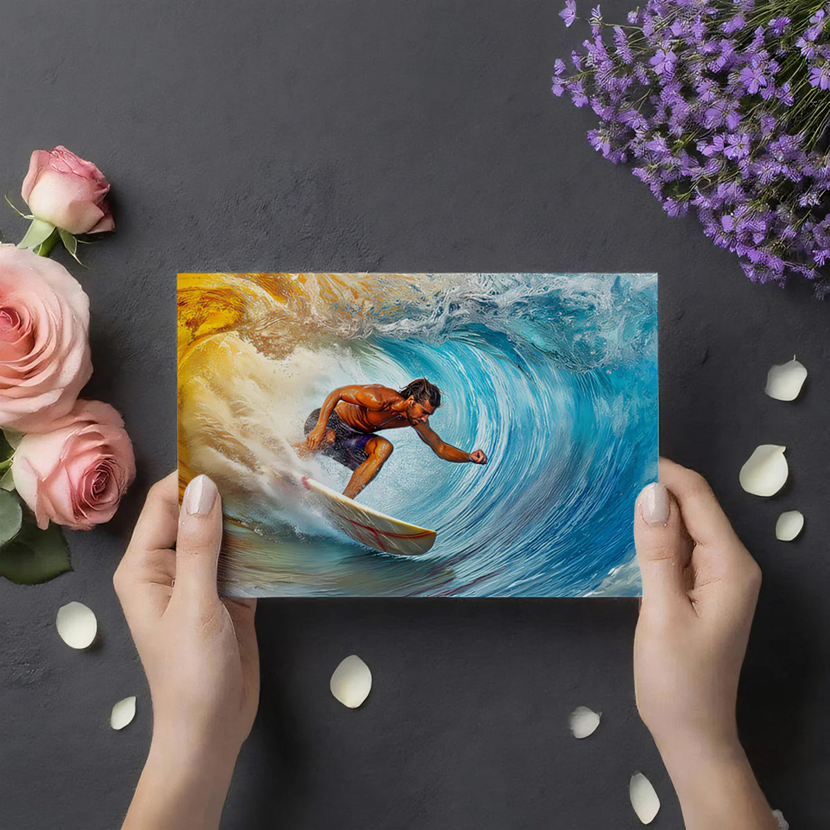 Fiery Ocean Barrel Surfing Mural Wallpaper — High Energy Coastal Art Mural Wallpaper - room preview 03