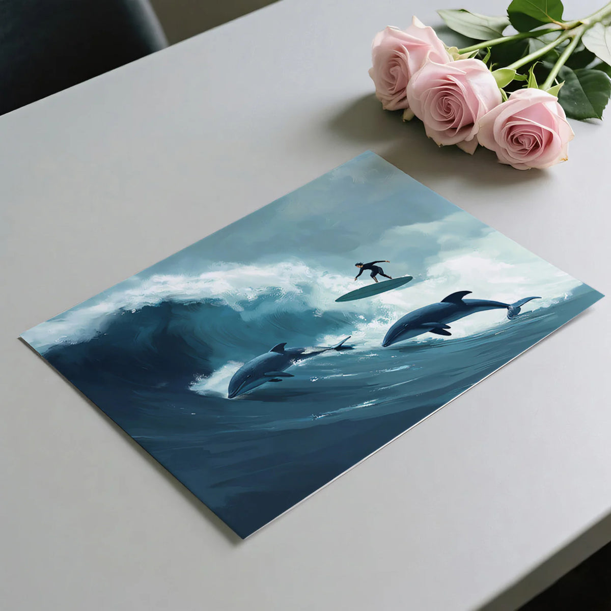 Surfer and Dolphin Ocean Wave Mural Wallpaper — Expressionist Art Mural Wallpaper - room preview 03