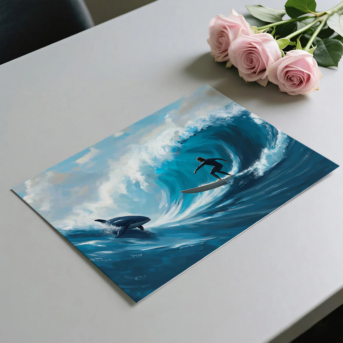 Surfer and Orca Ocean Wave Mural Wallpaper — Impressionist Style Mural Wallpaper - room preview 03