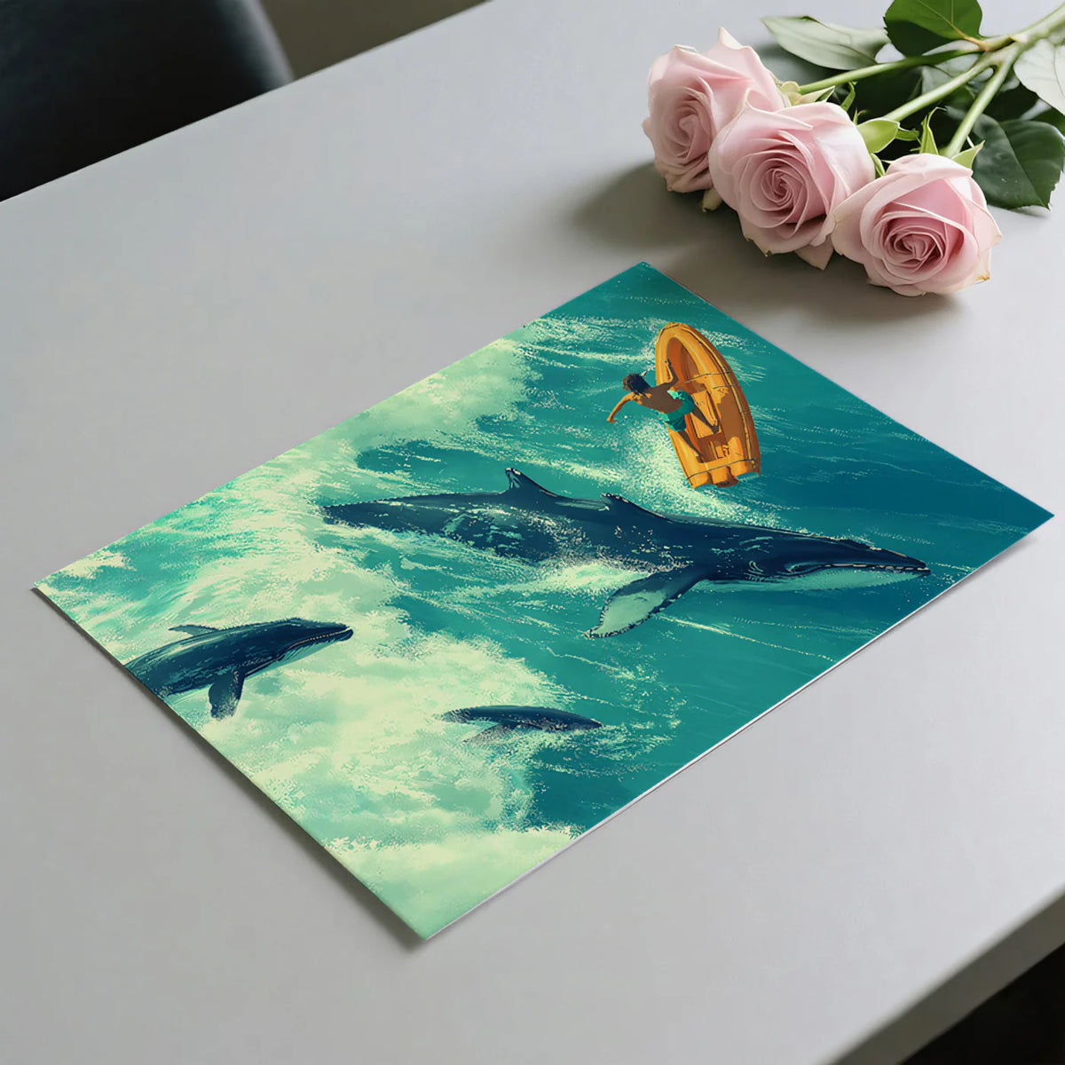 Aerial Ocean Whale and Dolphin Mural Wallpaper — Painterly Adventure Mural Wallpaper - room preview 03